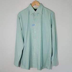 TATTERSALL London Men Button Down Shirt Sz 161/2 Green/White Stripe 100% Cotton